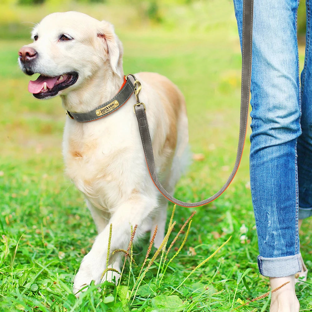 Customized Leather Dog Collar & Leash Set with Nameplate