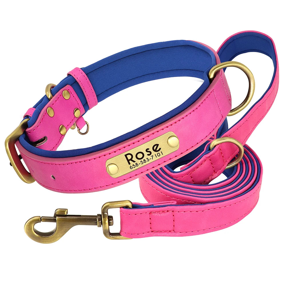 Customized Leather Dog Collar & Leash Set with Nameplate