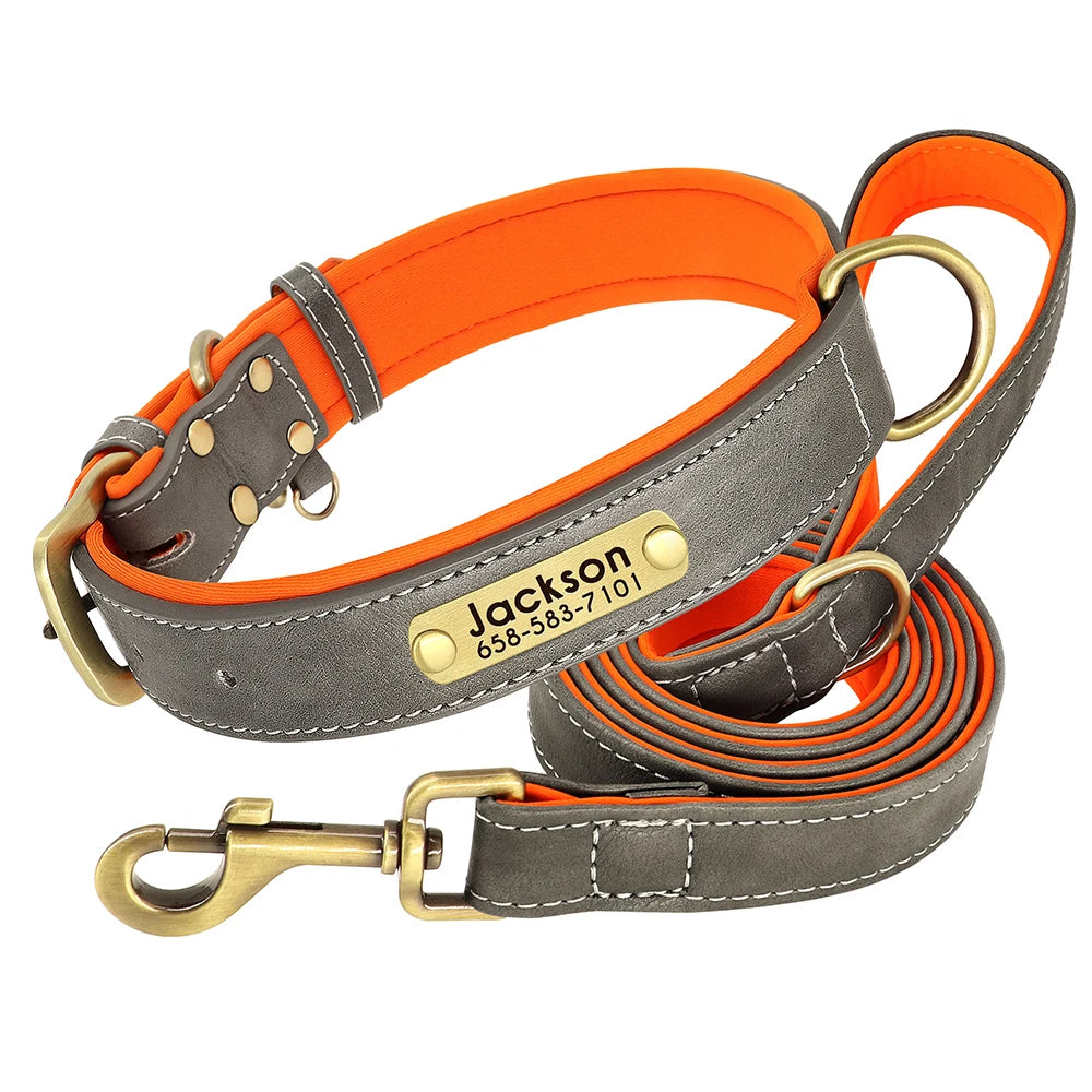 Customized Leather Dog Collar & Leash Set with Nameplate