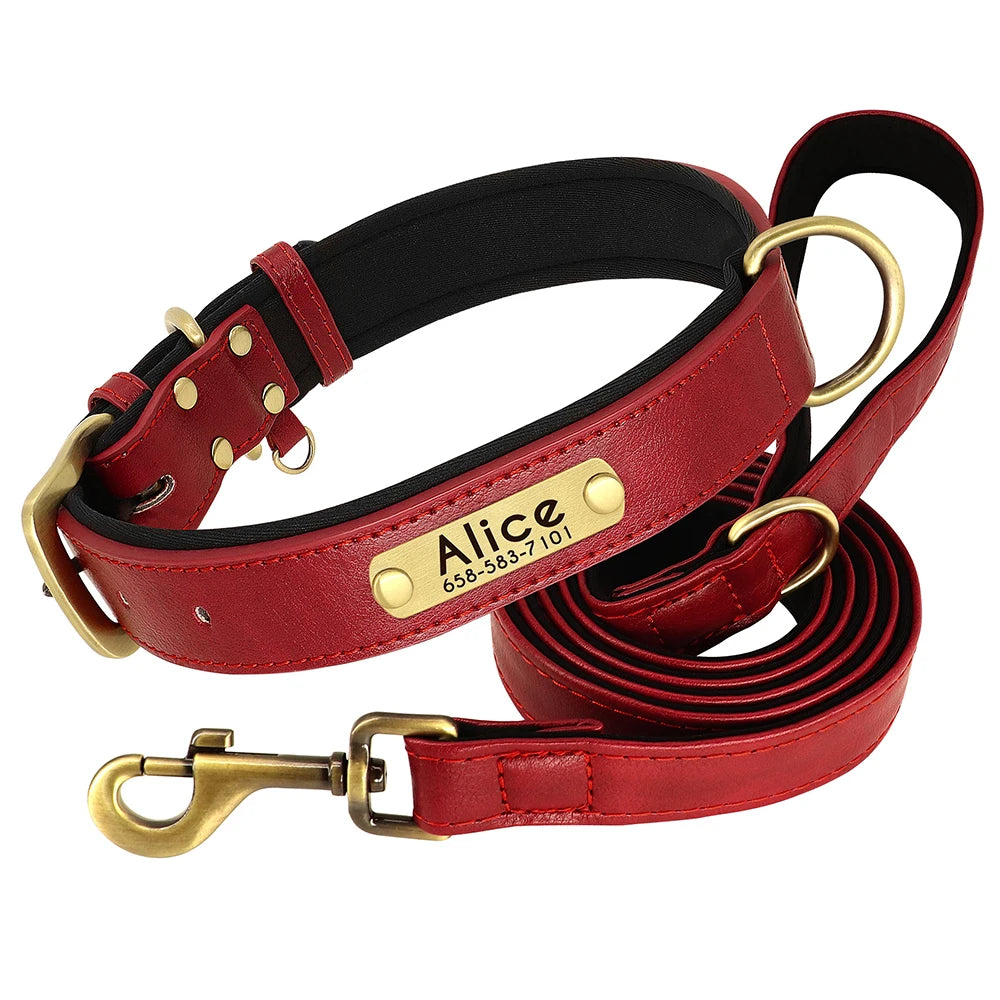 Customized Leather Dog Collar & Leash Set with Nameplate
