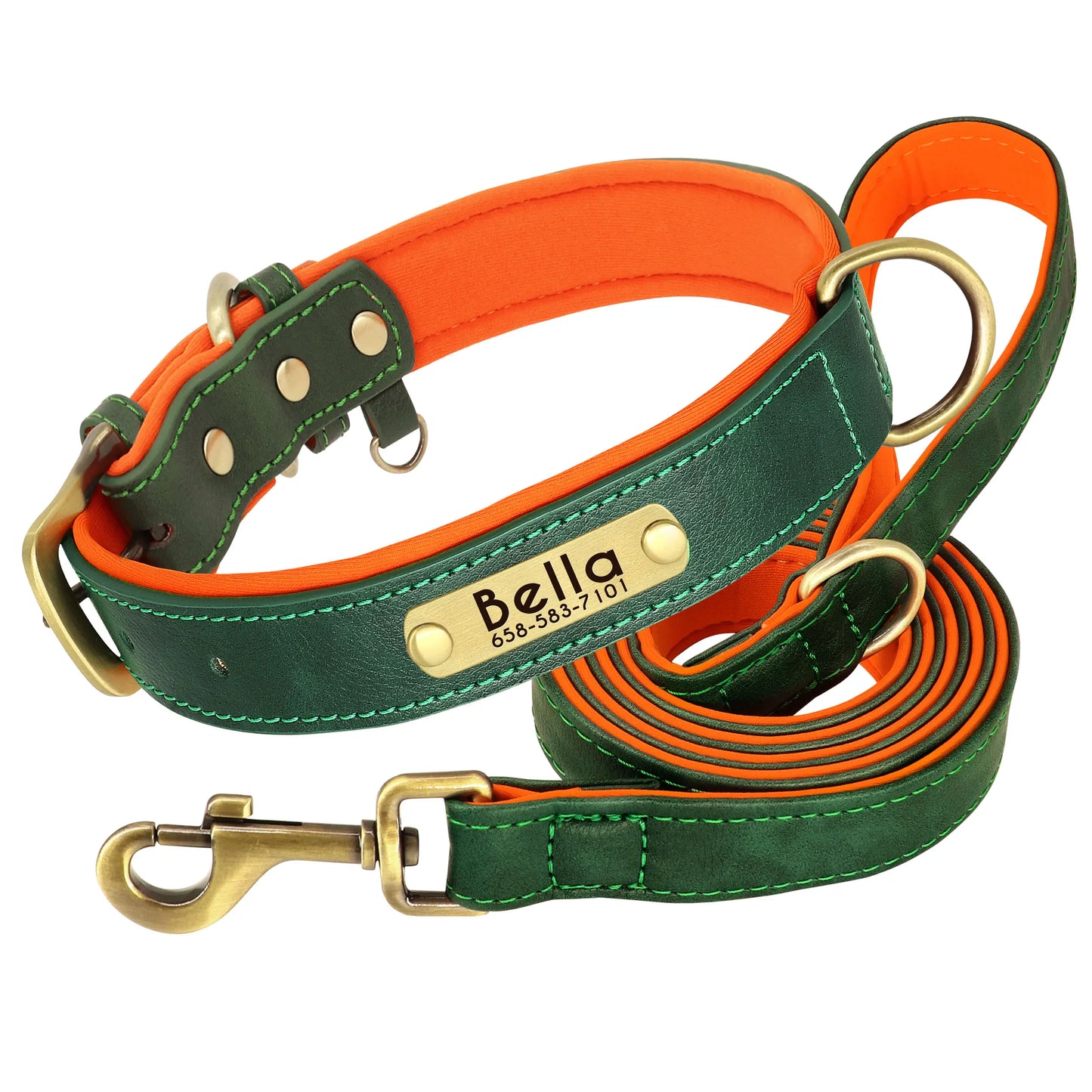 Customized Leather Dog Collar & Leash Set with Nameplate