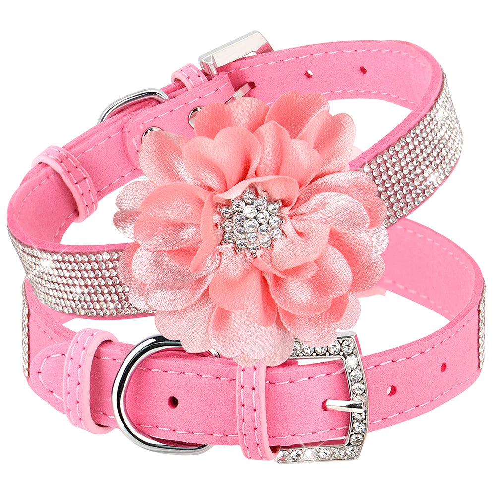 Pink Rhinestone Dog Collar with Flower