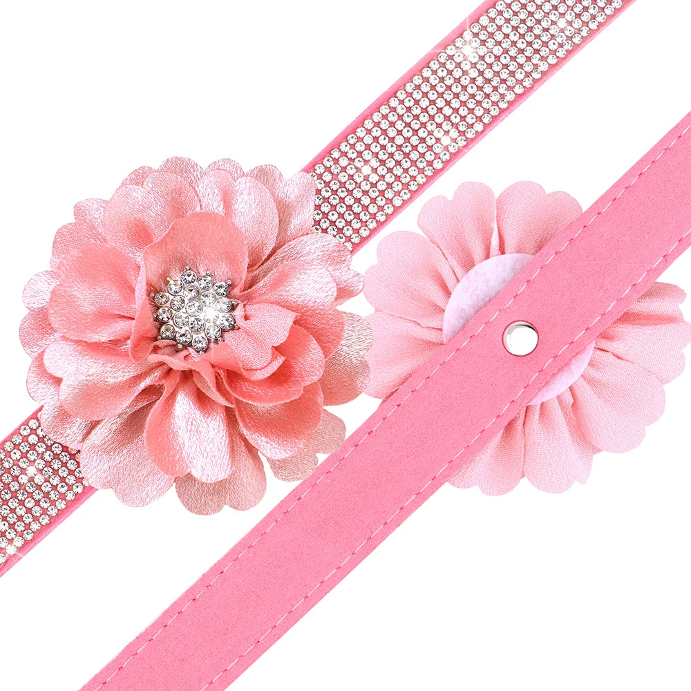 Pink Rhinestone Dog Collar with Flower