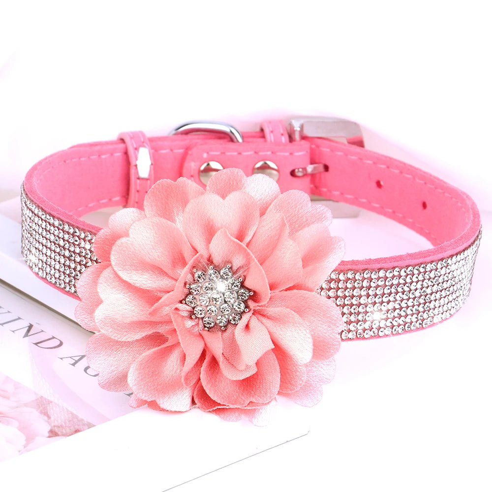 Pink Rhinestone Dog Collar with Flower