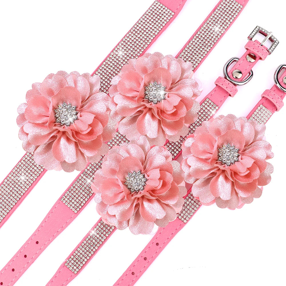 Pink Rhinestone Dog Collar with Flower