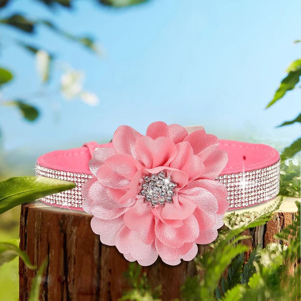 Pink Rhinestone Dog Collar with Flower