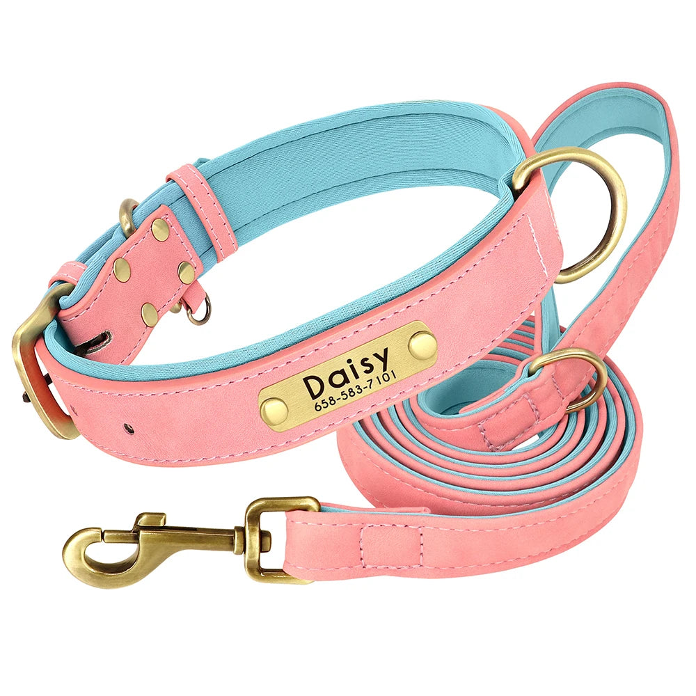 Customized Leather Dog Collar & Leash Set with Nameplate