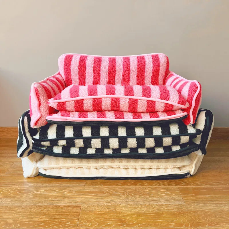 Trendy Striped Faux Lambswool Double Layer Dog Sofa