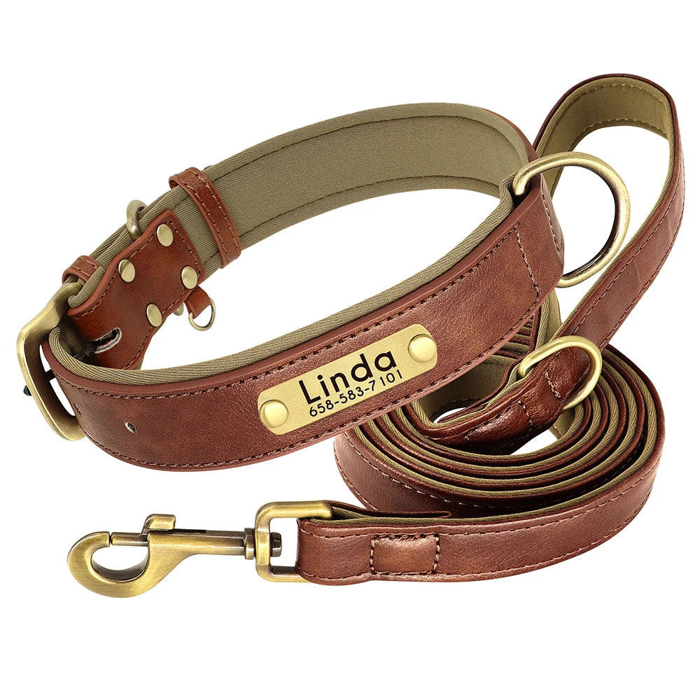 Customized Leather Dog Collar & Leash Set with Nameplate