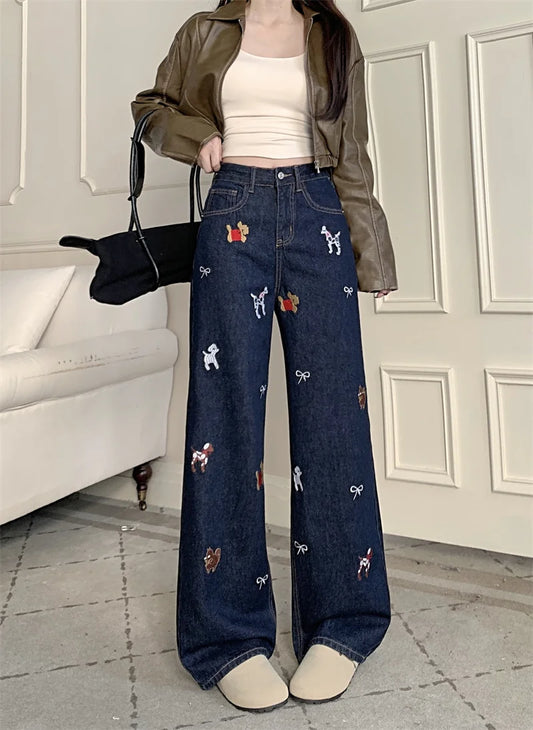 Women's Dog & Butterfly Embroidered Wide Leg Jeans